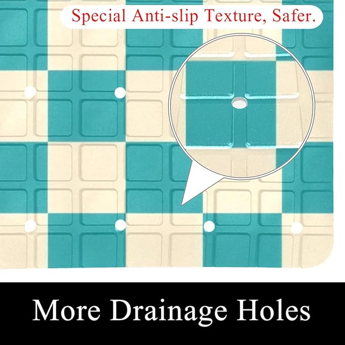 Bathtub Mats for Shower Tub, Squares of Turquoise and Cream Anti-Slip Bath Mats for Inside Tub, Bathroom Shower Mats with Drain Holes and Suction Cups