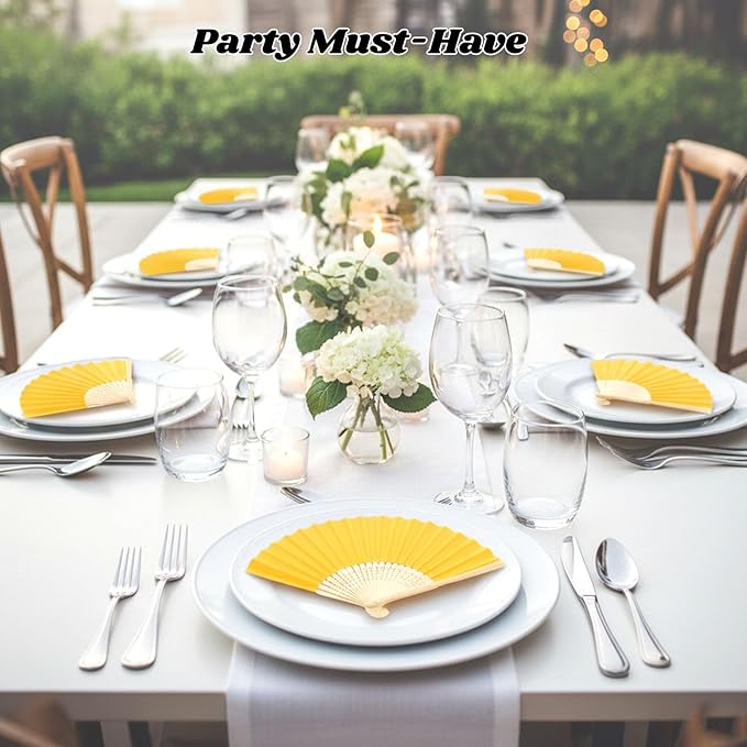 JOHOUSE 12 Pcs Foldable Hand Fan, 8.3 Inch Yellow Paper Fans for Lemon Party Decorations, Wedding, Baby Shower DIY Crafts Photography Props