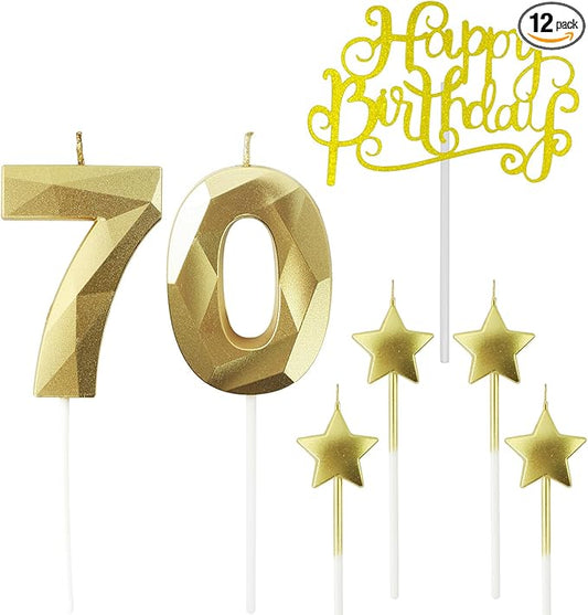 Golden Number 70 Birthday Candles and Star Birthday Candles 2.76 inch Birthday Cake Candles 3D Diamond Shaped Candles are Suitable for Birthday Parties and Anniversary Cake Decorations Candles