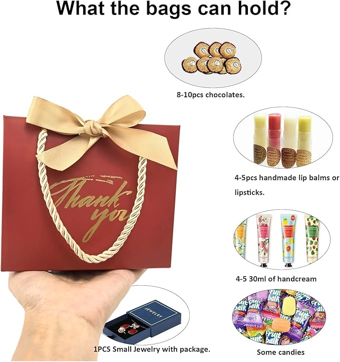 TKSBAG 50 Pack Small Thank You Gift Bags with Handles, 5.5''x 2.5''x4.7'' Mini Red Gift Bags Bulk for Baby Shower, Birthday, Wedding, Party Favors