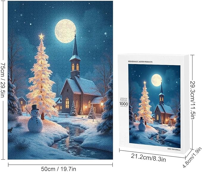 Wooden Puzzle - Church of The Nativity with Snow and Snowmen Jigsaw Puzzles，Wooden Puzzles for Adults 1000 Pieces Challenge Puzzles，Educational Games，Family Puzzles