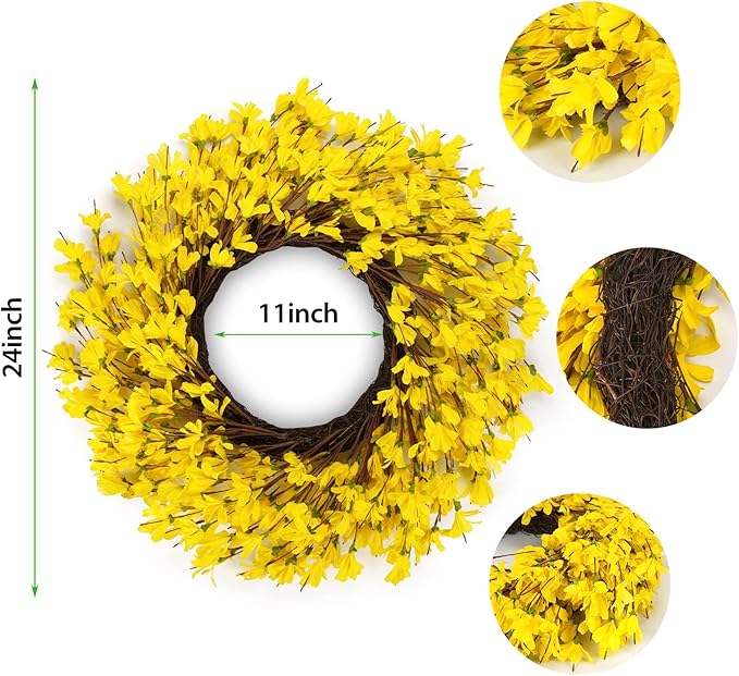 Huashen 24 Inch Yellow Forsythia Wreath Winter Front Door Blossom Cluster Flower Farmhouse on Grapevine for Festival Celebration Wall Window Decoration Home Christmas Décor