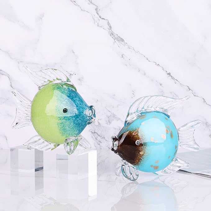 Large Glass Fish Figurines Hand Blown Glass Fish Statue and Sculpture Home Decor, Murano Animal Tropical Sea Glass Paperweights for Desk, Glass Aquarium Coastal Beach Decorative (Light Blue)