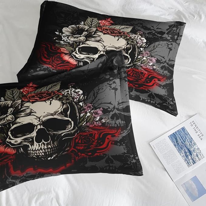 Comforter Set King Size, Rose Vintage 7 Pcs Bedding for Adults, Rock Roll Bone Death Bed Sheet Sets with Fitted Sheet 2 Pillowcases & 2 Shams for Bedroom Bed Decor