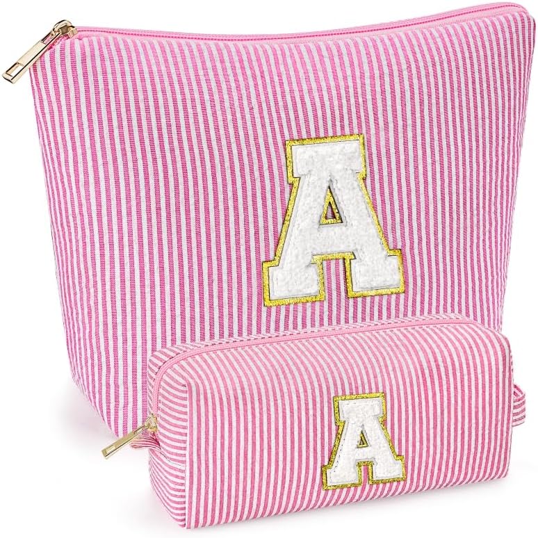 mibasies 2 PCS Initial Makeup Bags for Women: Cosmetic Bag for Travel Toiletry - Birthday Gifts for 11 12 13 14 15 16 17 18 Years Old Girl Graduation - Teen Girl Gifts Trendy Stuff - Pink A by mibasies