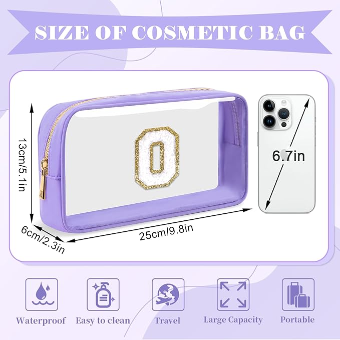 Personalized Initial Letter Clear Makeup Bag,Preppy Small Nylon&PVC Cosmetic Zipper Bag with Chenille Letter,Travel Skincare Toiletry Bag,Monogram Christmas Gift for Teen Girls Women,O