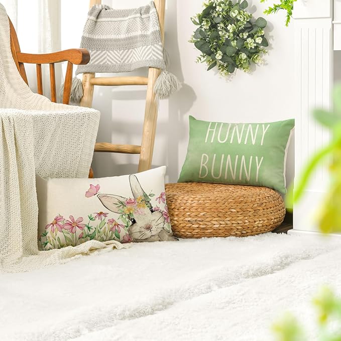 AVOIN colorlife Happy Easter Hunny Bunny Green Throw Pillow Covers, 12 x 20 Inch Easter Eggs Bunny Spring Cushion Case for Sofa Couch Set of 4