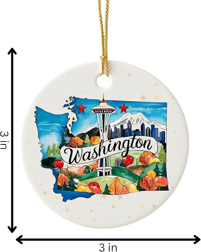 USA State Landmark Ceramic Ornament – Round Glossy Christmas Decoration Featuring U.S. State Art, Landmarks & Holiday Scenery – Collectible Travel Souvenir Ornament Series (Washington)
