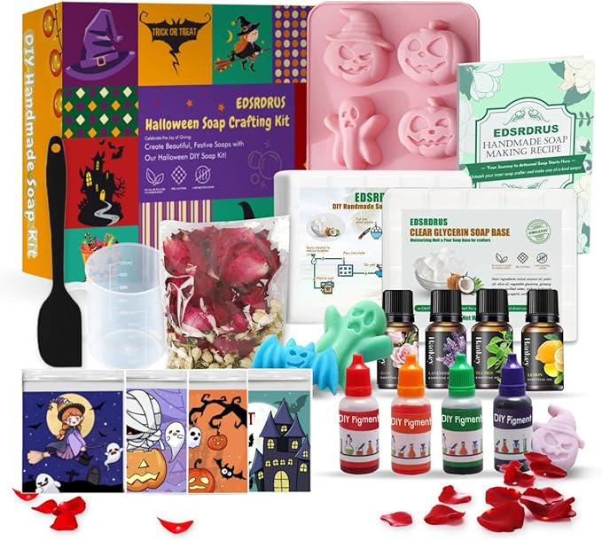 EDSRDRUS Soap Making Kit Series - Soap Making Supplies with Glycerin Soap Base, Silicone Molds, Fragrance Oils, Pigments & More (Purple Halloween Soap Making Kit)