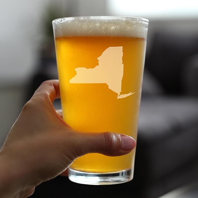Bevvee New York State Outline Pint Glass for Beer - State Themed Drinking Decor and Gifts for New Yorker Women & Men - Set of 4-16 Oz Glasses