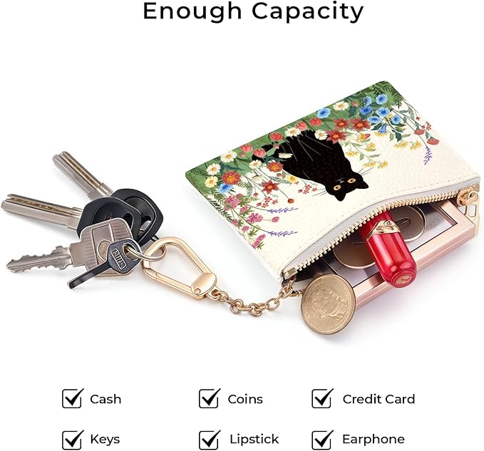 Black Cat Flower Floral Keychain Coin Purse for Women, Small PU Leather Change Pouch, Zipper Little Tiny Travel Wallet for Girls, Cute Kawaii Zip Pocket Coin Holder with Key Ring