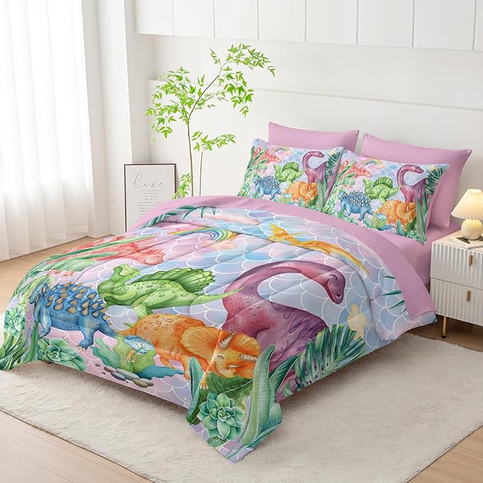 Pastel Dinosaur Comforter Set (7 Piece) - Mermaid Scale Kids Bedding, Pink Blue Purple Dinosaur Quilt Set for Boys Girls, All Season Microfiber Bed Set with Shams, Flat/Fitted Sheet (Queen)