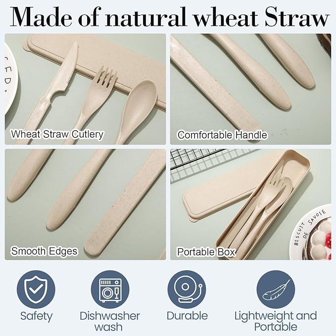 Yahenda 96 Sets Reusable Travel Utensils Set with Case Wheat Straw Cutlery Portable Spoon Knife Fork Tableware Lunch Box Bulk for Adults Travel Picnic Camping Utensils Gifts (Multi-colorful Colors)