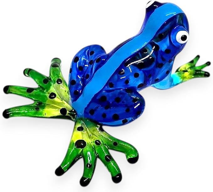 WitnyStore 2⅛" Blue Black Dot Frog Artistic Blown Glass Figurine Premium Hand-Blown Statue Tabletop Decoration Unique Collectible for Adult Collectors Handcrafted Elegant Home Room Decor