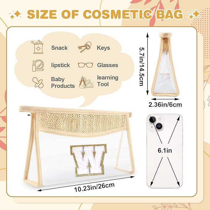 Personalized Initial Letter Bag Boho Straw Clear Makeup Bag,Small Cute Chenille Varsity Letter Bag With Zipper,Beach Travel Toiletry Bag,Portable Monogrammed Cosmetic Bag for Women Girls,W