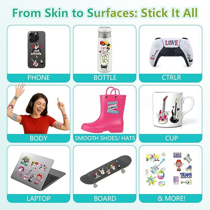 Rock and Roll Temporary Tattoos for Women Teens, Y2K 90s Music Party Favors, Waterproof Fake Tattoo Stickers with Guitar Skull Cassette Graffiti Designs for Concert Festival Rave Accessories