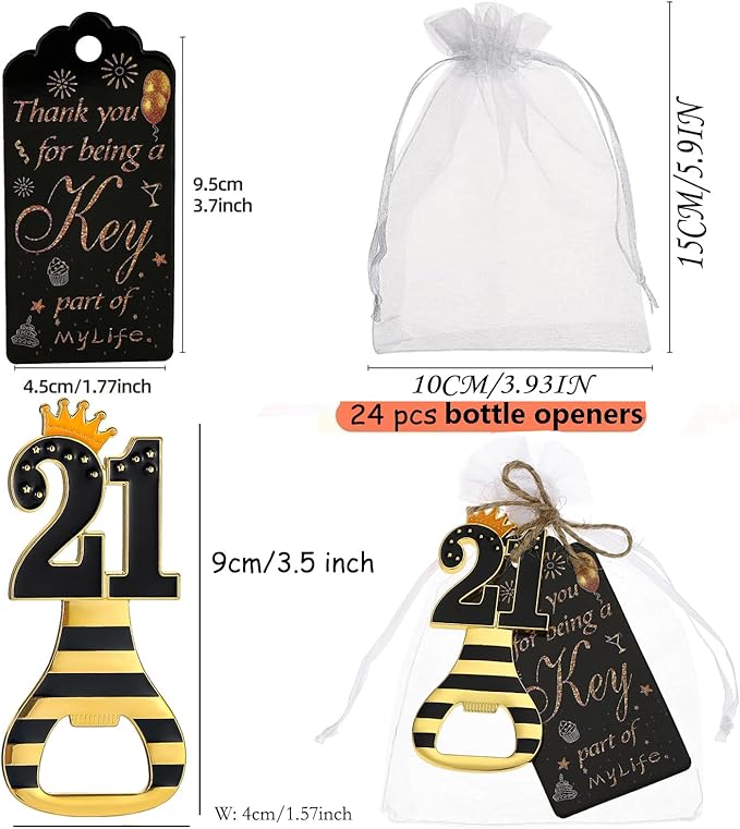 24pcs 21th Gold Keychain Bottle Opener 21th Birthday Party Favors, 21 Keychain Beer Bottle Opener Favors Anniversary Souvenirs Return Gifts for Guests Party Decor Supplies (black 21)
