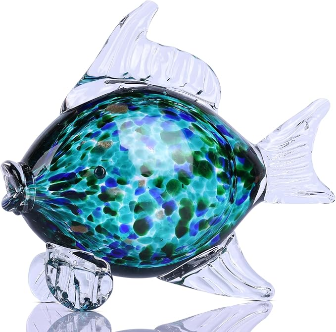 Large Glass Fish Figurine for Home Decor, Hand Blown Art Glass Ocean Animal Statue, Decorative Coastal and Beach Themed Sculpture for Table, Shelf, Bathroom, Living Room or Office