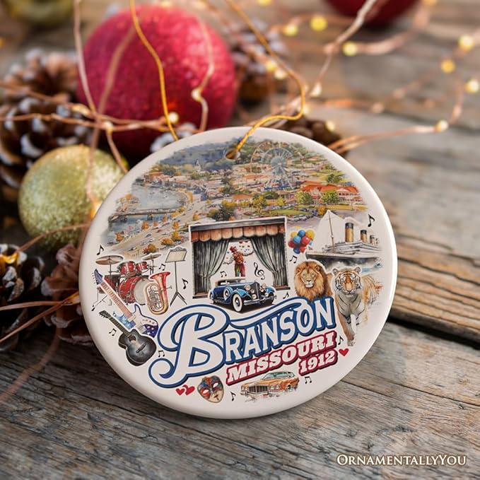 Culturally Vibrant Branson City Ceramic Ornament, Missouri Souvenir and Christmas Tree Decor (Circle)