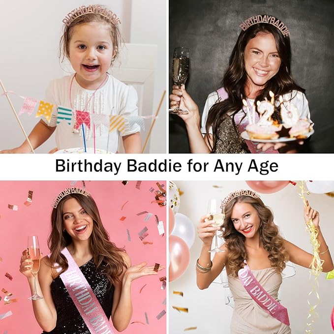 Canitor Birthday Baddie Sash Crown Set Birthday Gifts Party Favors Supplies Decorations & Accessories for Women Girl Adult Outfits Rhinestone Tiara Headband Soft Satin Sash