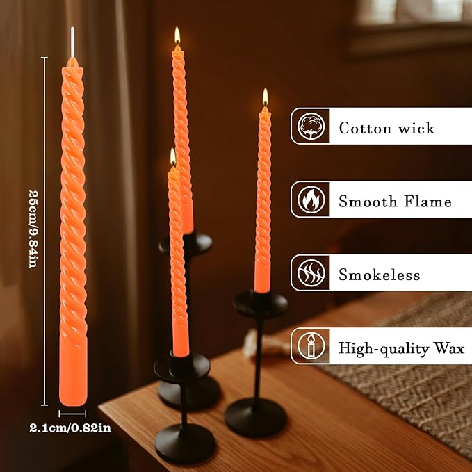 12 Pack 10 Inch Spiral Taper Candle Set, Unscented Dripless Candlesticks for Dinner,Party Brithday Wedding,Halloween and Home Decoration（Orange ）