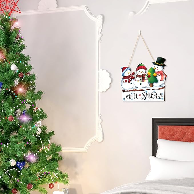 CHDITB Let It Snow Wooden Hanging Sign, Three Snowman Wood Sign, Winter Welcome Door Sign, Snowflake Snowman Vintage Wall Door Sign,Christmas Sign for Wall Door Hanger Winter Decor