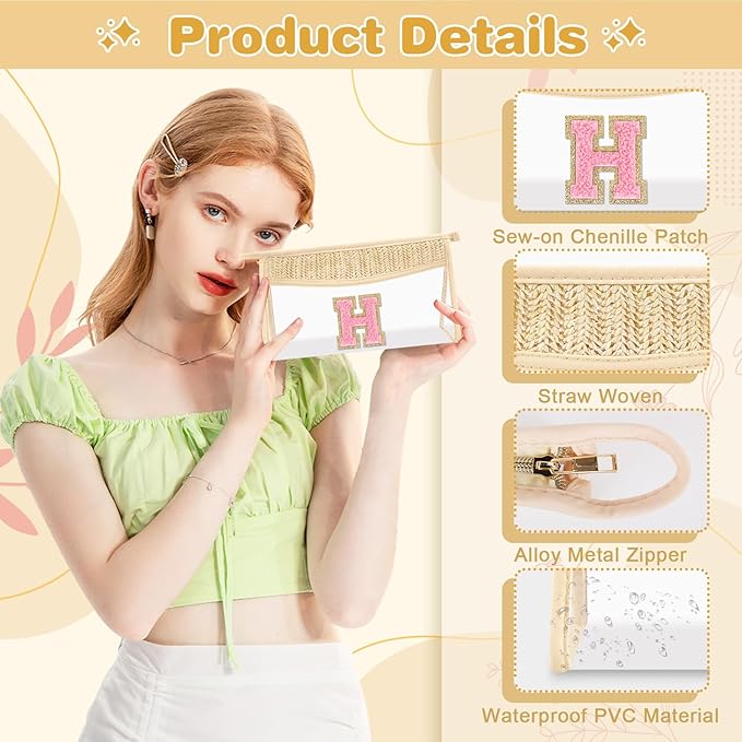 Small Boho Straw Initial Letter Makeup Bag Personalized Gift ,Cute Clear Chenille Patch Makeup Bag With Zipper,Trendy TSA Approved Travel Toiletry Bag,Gift for Women Girls Birthday Friend, Letter H