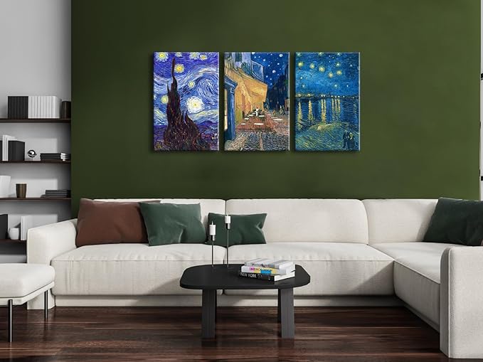 Wieco Art Large 3 Panels Canvas Prints of Vincent Van Gogh Paintings Reproduction Starry Night Over the Rhone Cafe Terrace at Night Canvas Wall Art for Living Room Home Office Decor
