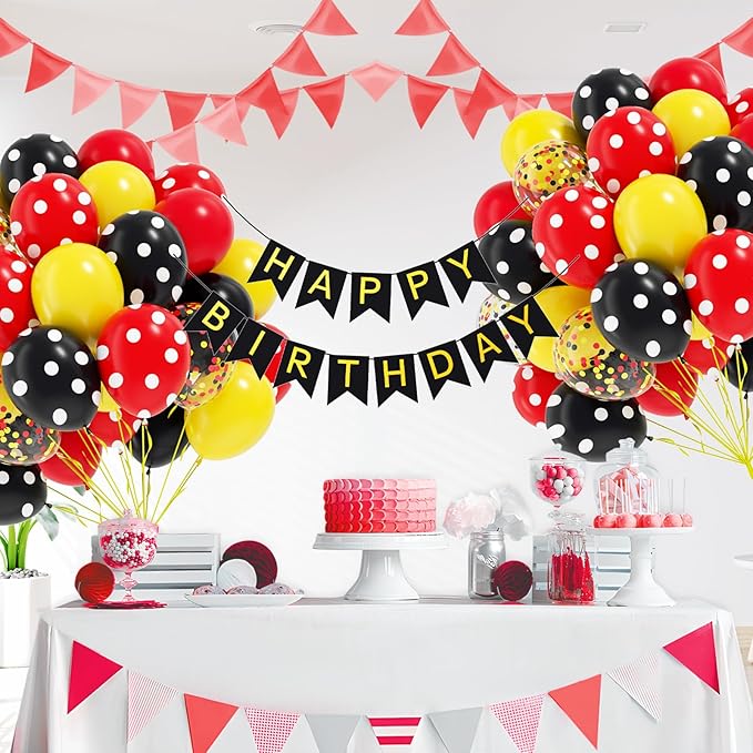 60pcs Red and Yellow Balloons 12inch with Red Print Confetti Black and Yellow Balloons for Baby Shower 1st 2nd 3rd Birthday Party Decorations