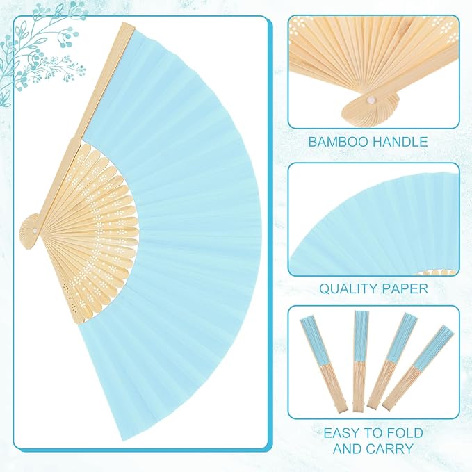 Yinkin 100 Pack Folding Fans Bamboo Handheld Folded Craft Hand Japanese Chinese Fans for Weddings Bridal Dancing Church DIY Decoration Women Gift Party Favors (Light Blue)