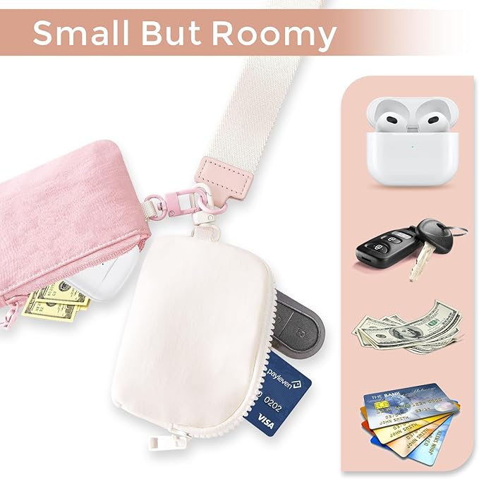 Dual Pouch Wristlet Keychain Wallets for Women with 2 Detachable Zipper Coin Purse - Small and Portable Mini Card Wallet for Women Men Pink+Ivory