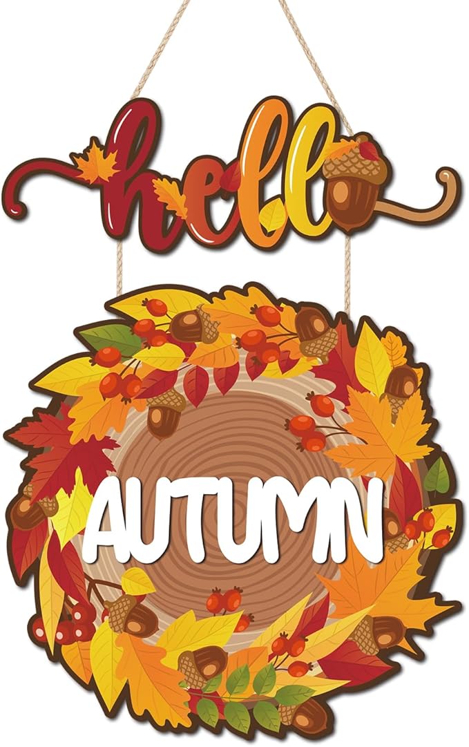 CHDITB Hello Autumn Wooden Sign, Fall Themed Wooden Hanging Plaque, Hello Fall Front Door Hanger, Maple Leaves Wall Art Sign Farmhouse Thanksgiving Living Room Bedroom Office Wall Decor