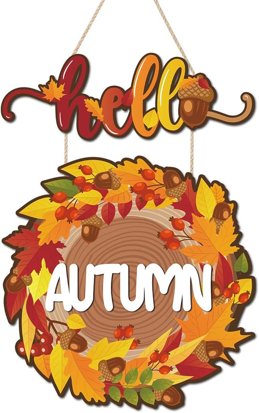 CHDITB Hello Autumn Wooden Sign, Fall Themed Wooden Hanging Plaque, Hello Fall Front Door Hanger, Maple Leaves Wall Art Sign Farmhouse Thanksgiving Living Room Bedroom Office Wall Decor