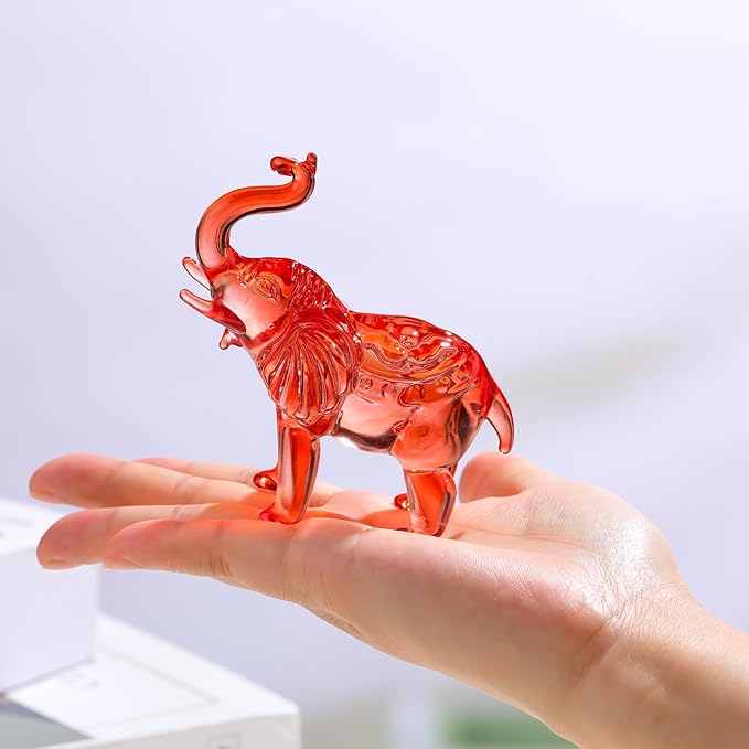 Crystal Elephant Figurine Home Decor, Glass Statue Gifts, Crystal Animals Collectible Tabletop Decoration Elephant Sculpture with Trunk Up (Red)