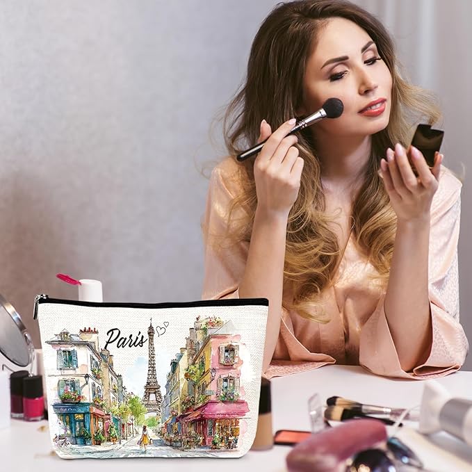 Paris Gifts Travel Essentials - 4Pcs Paris City Travel Makeup Bag, France Eiffel Tower Watercolor Cosmetic Bags with Zipper, Vacation Trip Pouch Souvenirs Gifts for Travellers Women Girls
