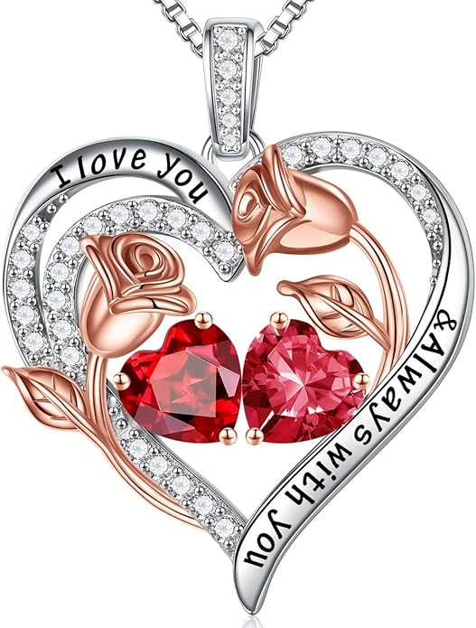Iefil Valentines Day Gifts for Her - 925 Sterling Silver Rose Heart Birthstone Necklace Birthday Anniversary Jewelry Gifts for Her Wife Mom Daughter