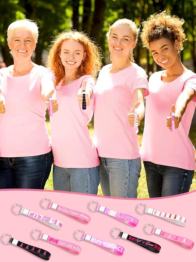 36pcs Breast Cancer Awareness Silicone Keychains Hope Faith Strength Pink Ribbons Motivational Rubber Keychains for Women Breast Cancer Awareness Decoration Party Favor Gift Supplies