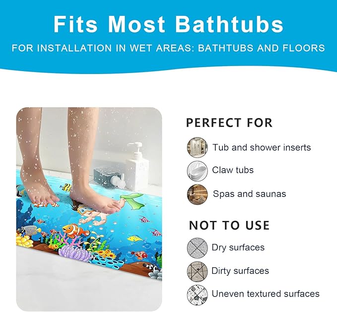 XIYUNTE Baby Bath Mat for Tub Non Slip Kids Bath Mat - 40''x16'' Extra Long Cartoon Bathtub Mat Non Slip Kids Shower Mat Eco-Friendly Toddler Bath Mats with Suction Cups, Machine Washable