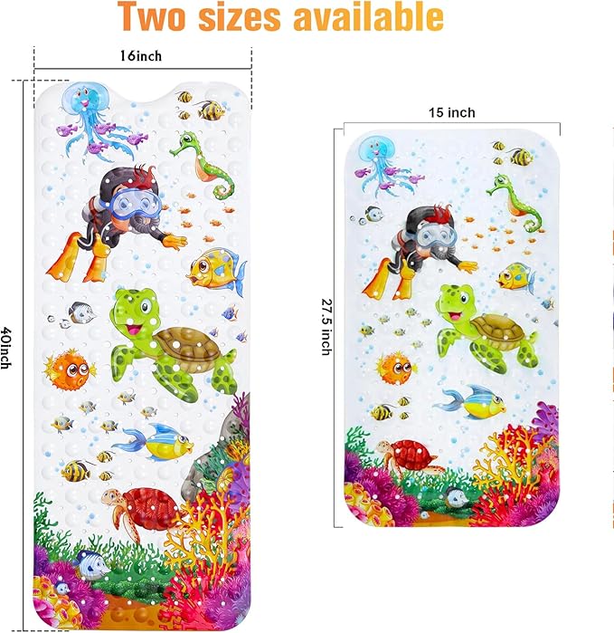 Bath Mat for Tub Non Slip, Machine Washable Anti Slip Cartoon Baby Bathtub Shower Mat with Drain Holes and Suction Cups for Toddler & Kids, 40 Inch x 16 Inch-Rectangular, Turtle