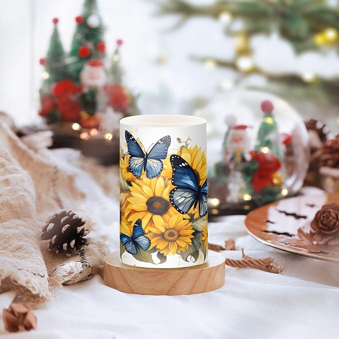 ALAZA Blue Butterflies Sunflowers Flickering Flameless Candles Battery Operated with Remote Timer,Tea Light Candles LED Pillar Votive Candles Set of 2 for Outdoor Indoor Decorations