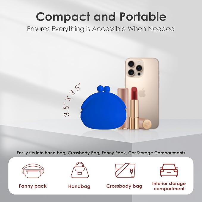 Coin Purse for Women – Silicone Small Coin Pouch with Kiss Lock for Coins, Keys, Lipstick, and Earphones – Mini Cute Change Purse, Coin Purse & Pouch for Daily Life, Cars, Travel, Party (Cobalt Blue)