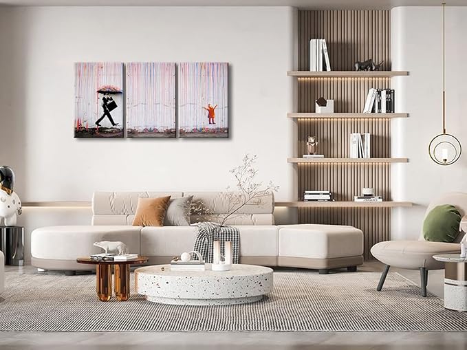 Wieco Art 3 Piece Banksy Famous Canvas Paintings Wall Art Raining day Modern Large Inspirational Grey Love Pictures Print Artwork for Dining Room Kitchen Home Office Decor