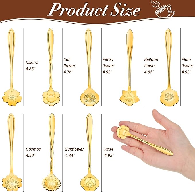 EBOOT 24 Pcs Gold Flower Teaspoon Stainless Steel Party Spoons Mini Cute Teaspoon for Stirring Coffee Sugar Drink Demitasse Kitchen Cafe Bar Tableware Party Favors Decorations