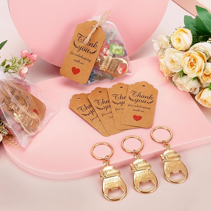 50Pcs Popping Bottle Openers Baby Shower Return Favors for Guests Bottle Opener Decorations and Souvenirs Baby Bottle Shaped Bottle Opener with Organza Bags Thank You Tags for Theme Decoration