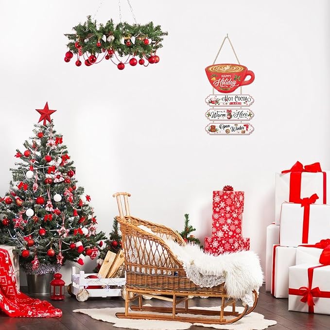 CHDITB Christmas Decor Hanging Wood Sign, Hot Cocoa Bar Wall Plaque, Christmas Theme Winter Art Wooden Signs Happy Holiday Party Hot Cocoa Porch Sign 4pcs Kitchen Cafe Coffee Bar Wall Art Xmas Decor