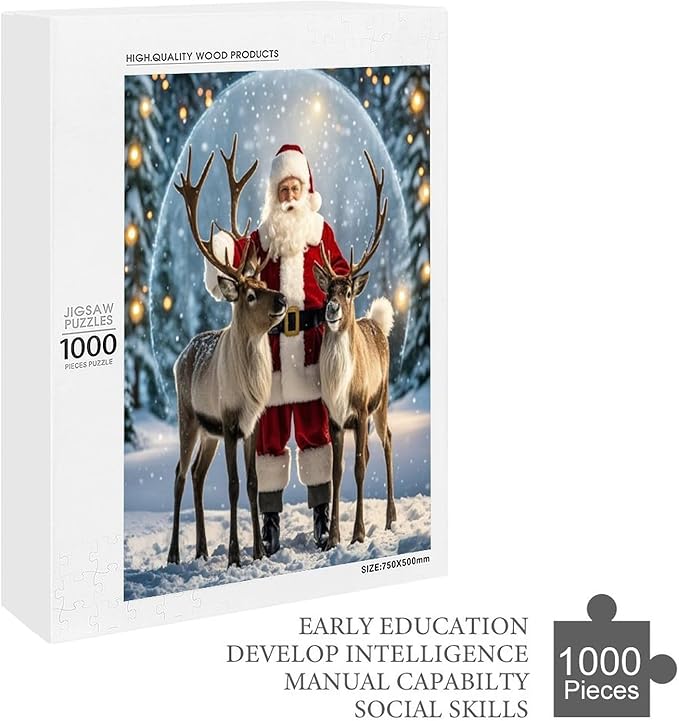 Puzzles for Adults 1000 Pieces Wooden Jigsaw Puzzle - Santa Claus and Reindeer Christmas Series Theme Puzzle，Party Games，Family Toys，Educational Puzzles，Stress Relief Wooden Puzzle，Home Decoration