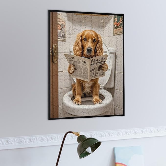Funny Wooden Puzzle - Goldendoodle on Toilet Reading Newspaper Puzzle for Adult 500 Piece，Wooden Jigsaw Puzzles Art Leisure Game Fun Suitable Family Friends Educational Learning Games Gift