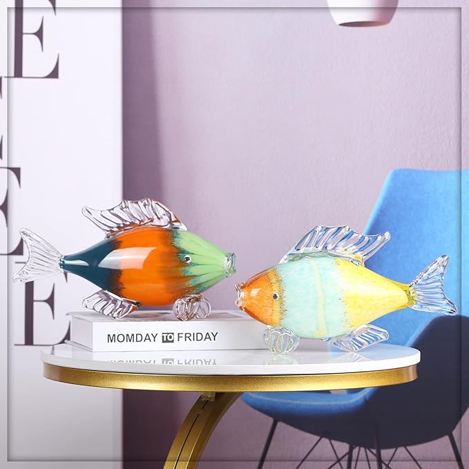 Colorful Glass Fish Sculpture, Hand Blown Fish Glass Figurine, Birthday Gift for Marine Animal Series, Desk Glass Paperweight (AE-3)