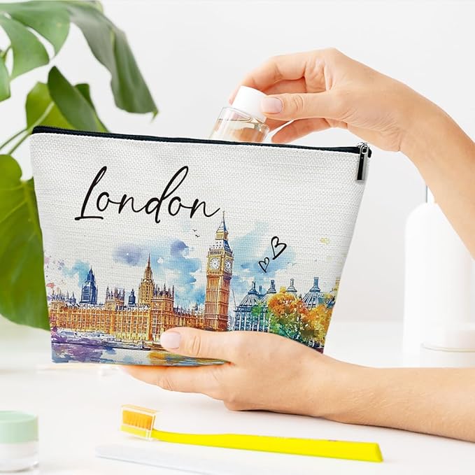 London Travel Gifts Makeup Bag, City Travel Watercolor Cosmetic Bag for Purse, London Souvenir Bags, Trip Favors for Traveller Lovers, City Themed Organizer
