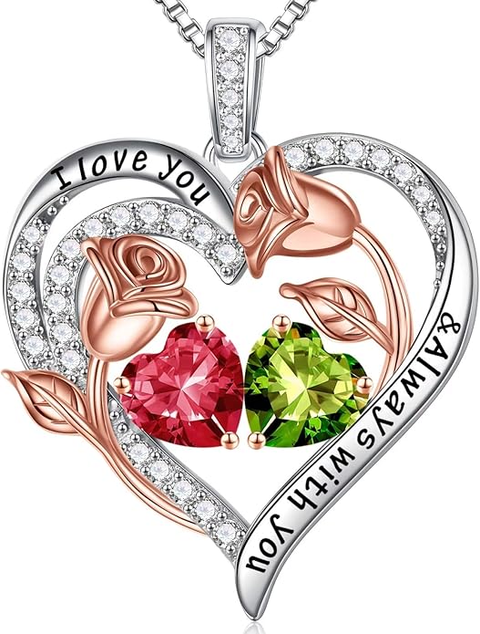 Iefil Valentines Day Gifts for Her - 925 Sterling Silver Rose Heart Birthstone Necklace Birthday Anniversary Jewelry Gifts for Her Wife Mom Daughter